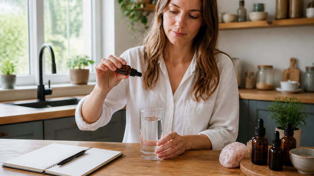 A person in a bright, modern kitchen adding liquid mineral drops from a small amber bottle into a glass of water, with a notebook and pen nearby on a wooden counter