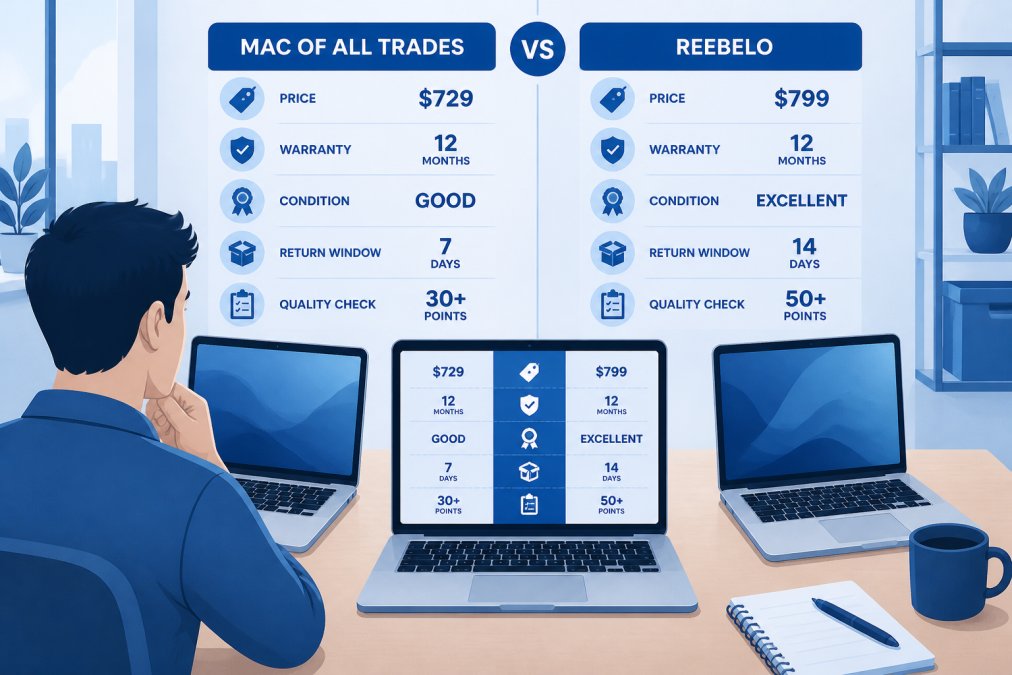 Comparison chart showing price and reliability ratings for two refurbished laptop retailers side by side