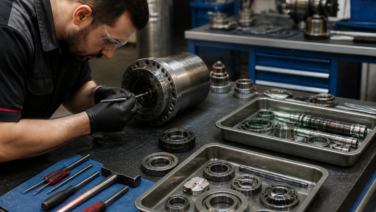 Professional technician carefully disassembling a CNC machine tool spindle on a clean workbench with precision tools, component trays organized nearby, and proper lighting highlighting the detailed work