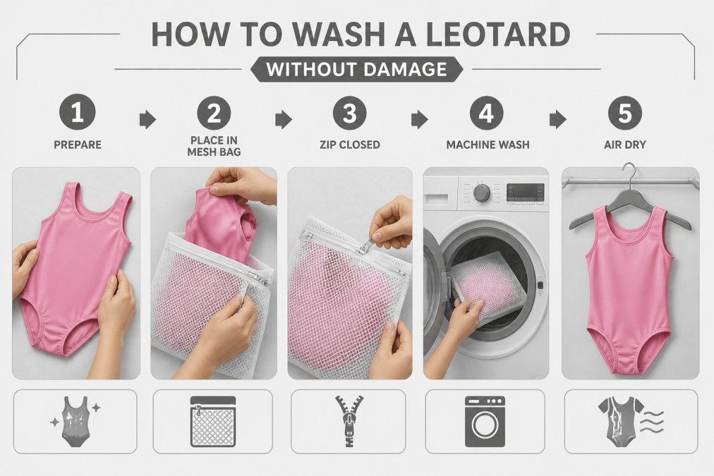 Close-up of a young gymnast's hands placing a pink leotard into a white mesh laundry bag before machine washing, showing the careful preparation process