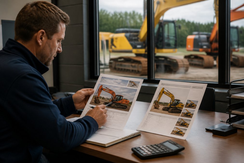 Professional equipment broker reviewing excavator specifications and market valuation data at desk with construction machinery visible in the background