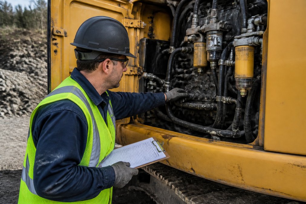 Professional equipment inspector examining hydraulic systems and mechanical components on a used excavator with detailed inspection checklist