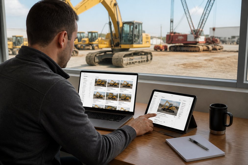 Construction equipment buyer reviewing detailed equipment listings on laptop and tablet at jobsite office, with excavators and cranes visible through windows in background, natural daylight