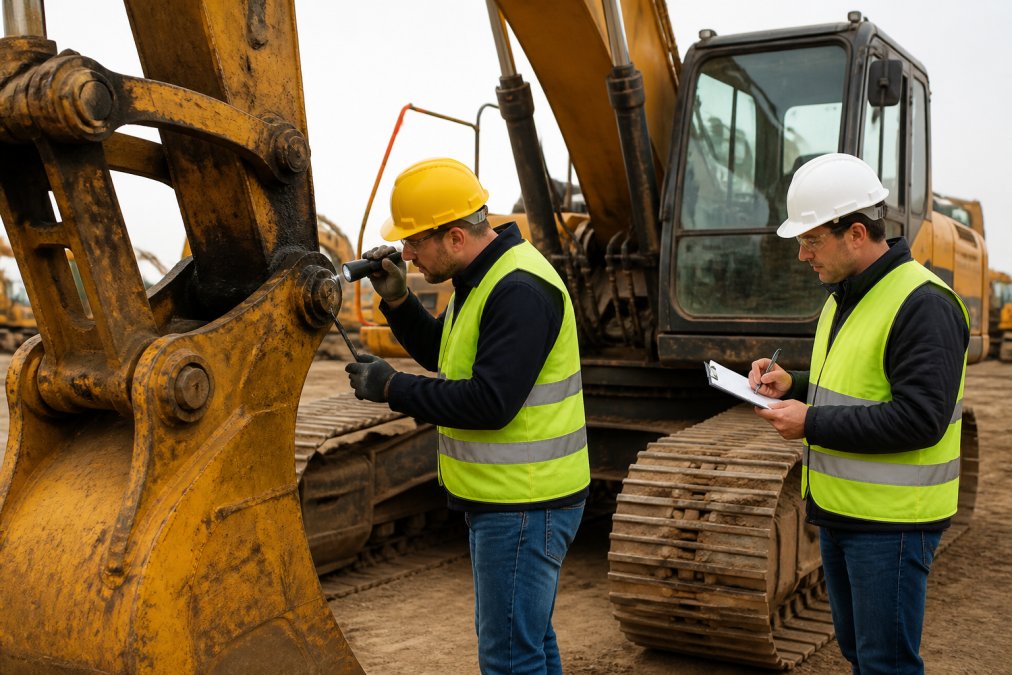 Construction professional in safety vest and hard hat conducting hands-on inspection of excavator, checking hydraulic cylinders and boom joints with flashlight, another worker taking notes nearby