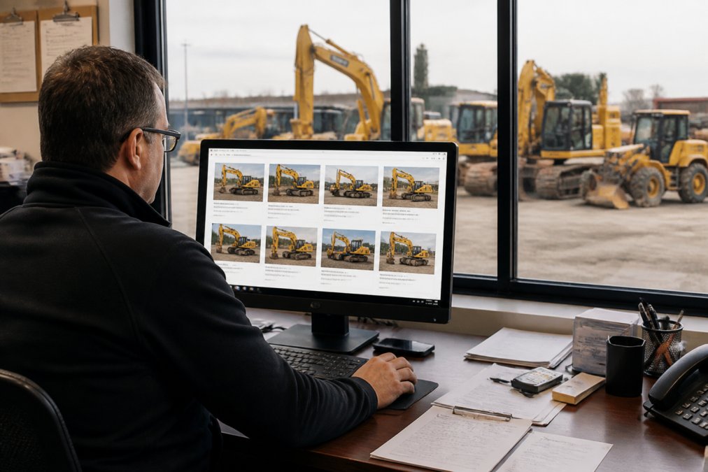 Professional equipment dealer reviewing excavator listings on a computer screen in a modern office, with heavy machinery visible through windows in an industrial yard setting