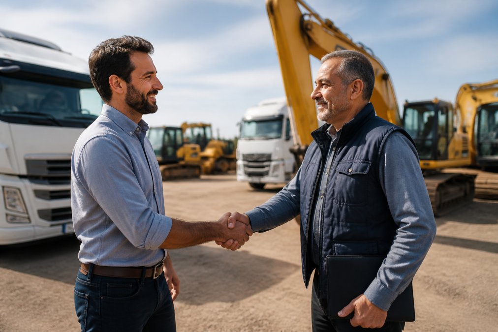 Equipment broker and client shaking hands after successful equipment sale negotiation in an industrial yard, with trucks and excavators visible in the background under natural daylight