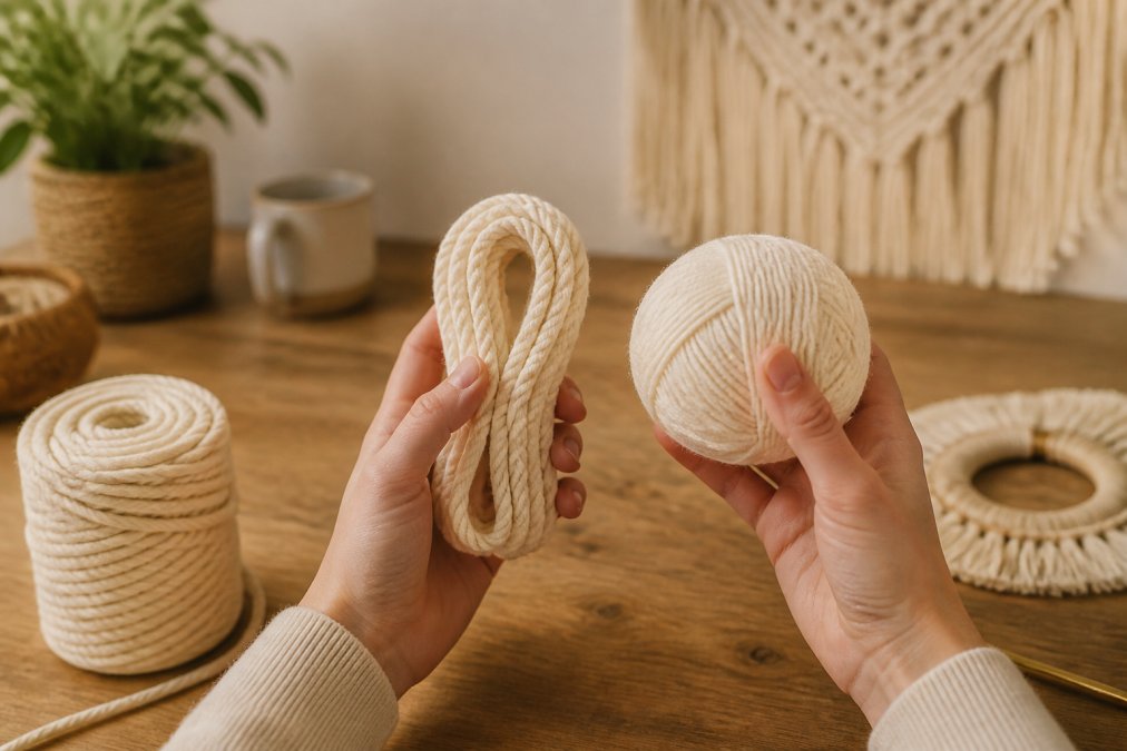 Comparison chart distinguishing between thick natural macrame cord and soft crochet yarn textures