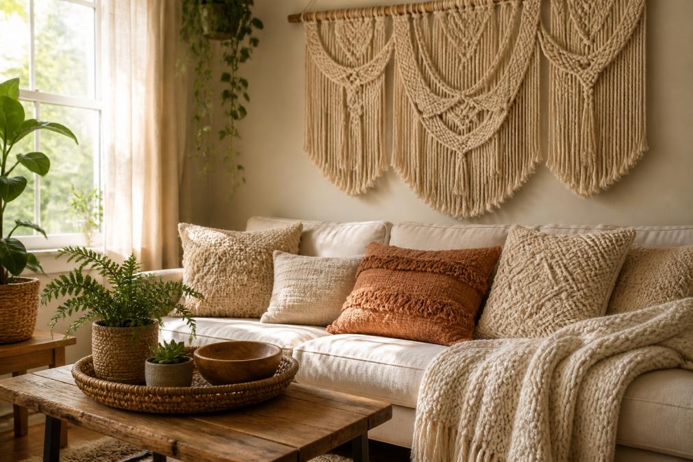 Large handmade macrame wall art hanging above a neutral linen sofa in a cozy bohemian living room.