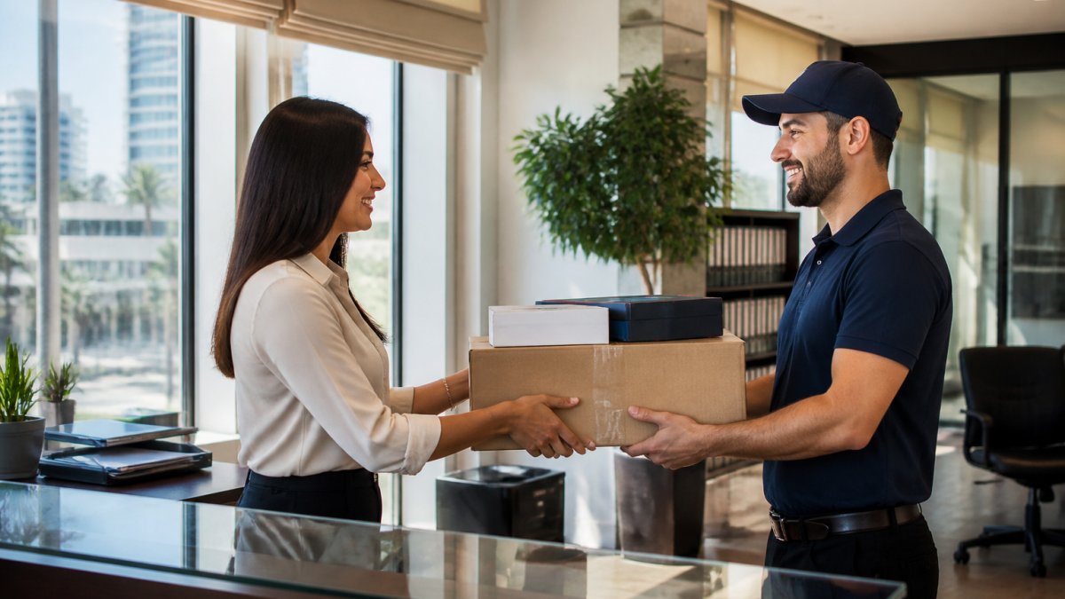 Delivery driver handing a box of stationery and printer ink to an office manager at a bright reception desk