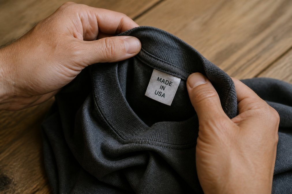 Close-up of hands holding a t-shirt collar, flipping the inside label to read the country-of-origin tag under natural light on a wooden table
