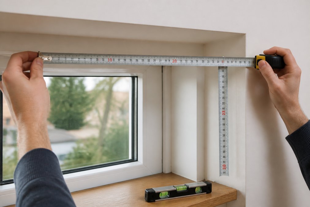 Close-up of hands holding a metal measuring tape against a window recess, showing horizontal and vertical measurement points with a spirit level visible on a wooden windowsill