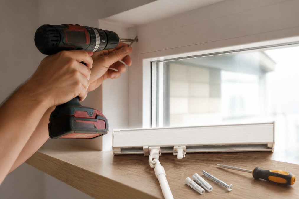 Homeowner drilling into a window frame to fit brackets, with a drill bit, wall plugs, and screwdriver visible on a nearby surface in natural daylight