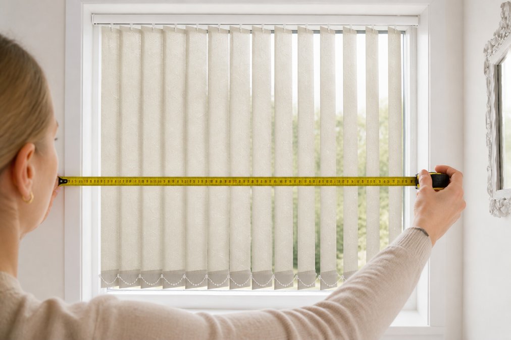 Close-up of a homeowner measuring a window with a tape measure, showing proper technique with the tape extended horizontally across the window frame, natural daylight streaming through the glass
