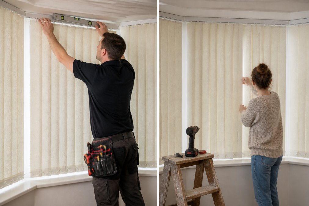 A professional fitter installing made-to-measure vertical blinds on a bay window, demonstrating headrail mounting and louvre alignment with precision tools, natural light illuminating the installation area