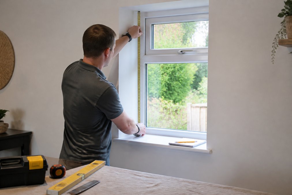 A person using a metal tape measure to measure a window recess in a bright living room, with a notepad and pencil resting on the windowsill nearby