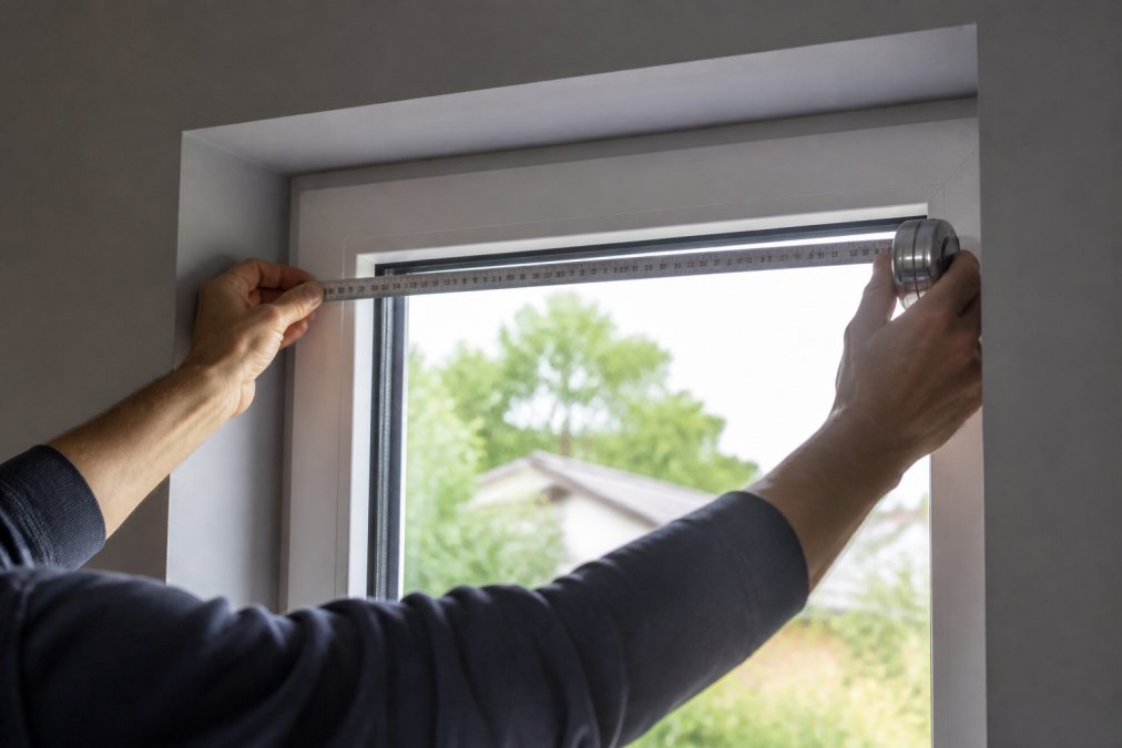 Close-up of a person's hands using a metal tape measure horizontally across the inside of a window recess, with natural daylight streaming through the glass