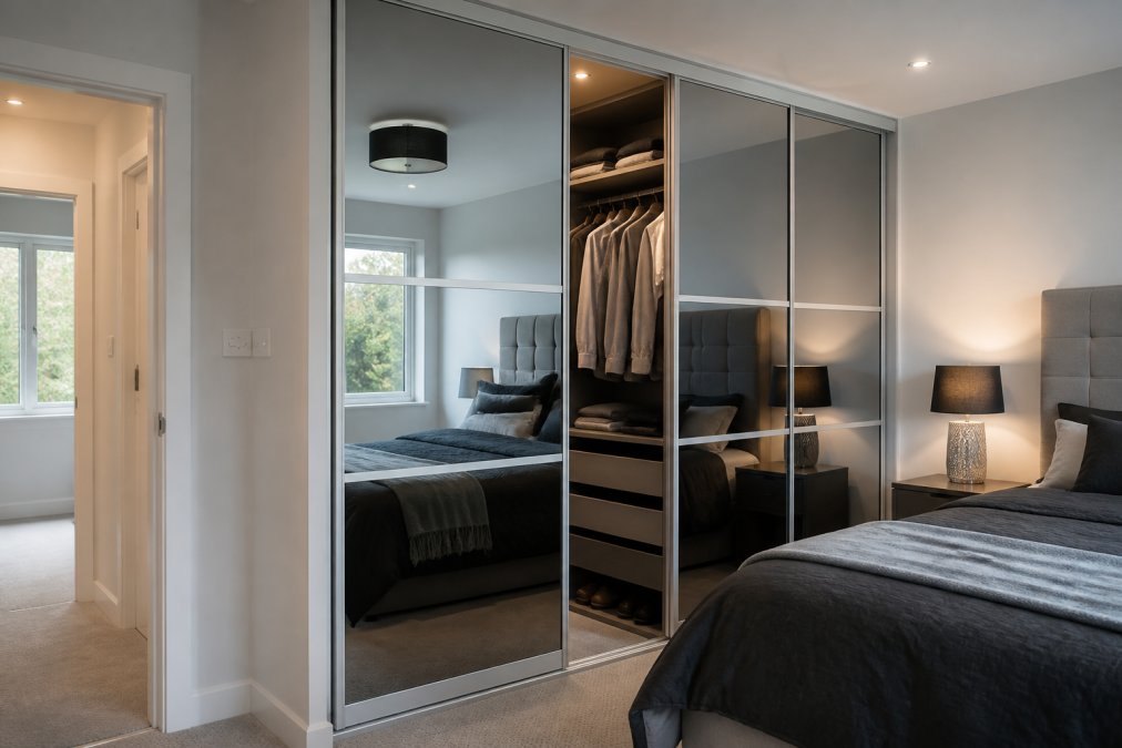 Modern bedroom with floor-to-ceiling sliding wardrobe installation showing multiple door panels in sleek white frame with mirror glass, demonstrating custom space optimization and fitted interior layout