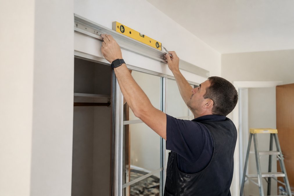 Professional joiner using precision measuring tools and spirit level to install sliding wardrobe track system on bedroom wall, showing careful alignment and hardware positioning