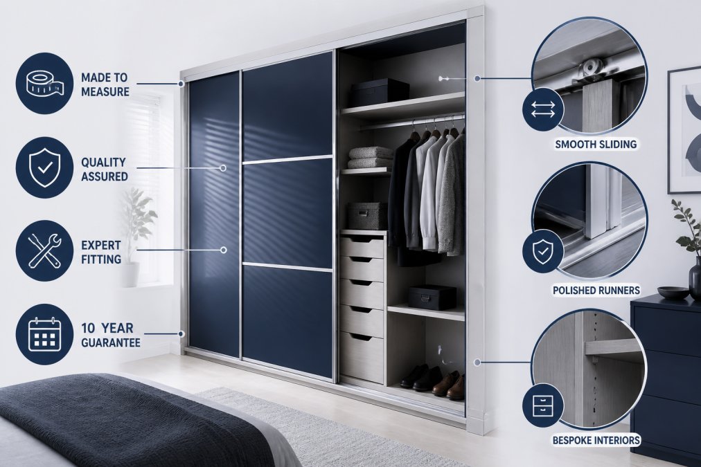Close-up of a fitted wardrobe interior showing smooth sliding door mechanism, polished runners, and bespoke cabinetry panels in a bright, modern bedroom with natural daylight