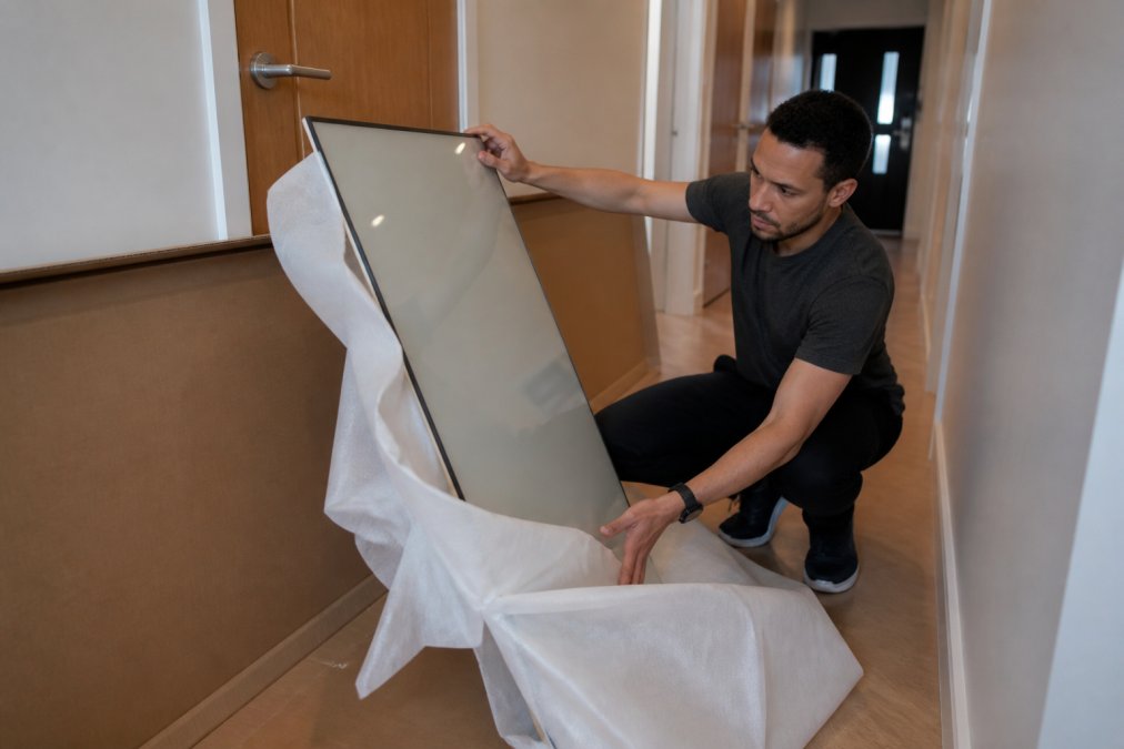Person carefully unwrapping and inspecting large wardrobe door panels from protective packaging in a hallway, checking surfaces under bright overhead lighting