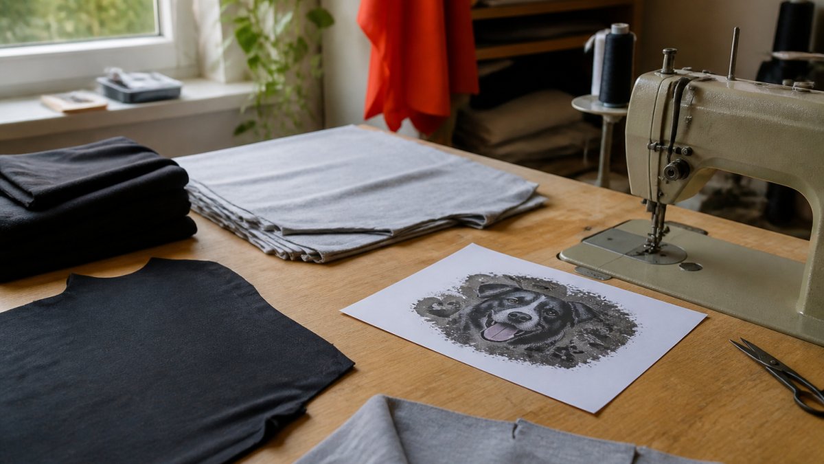 A small workshop table with cut fabric panels, a sewing machine, and a printed design sheet showing a pet-themed graphic, natural window light