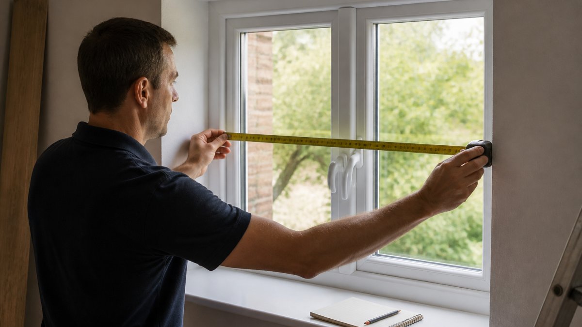 A homeowner using a metal tape measure to check the width of a window recess, with a notepad and pencil nearby on the windowsill, natural daylight filling the room