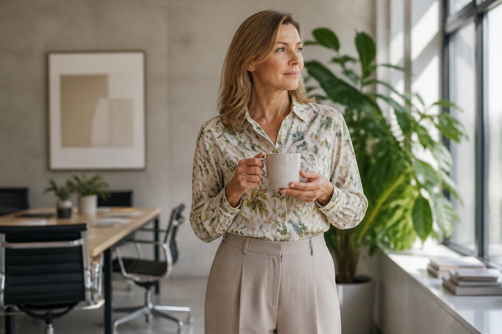 A woman in her late 40s wearing a nature-inspired printed blouse with neutral tailored trousers, standing in a sunlit modern office holding a ceramic coffee cup