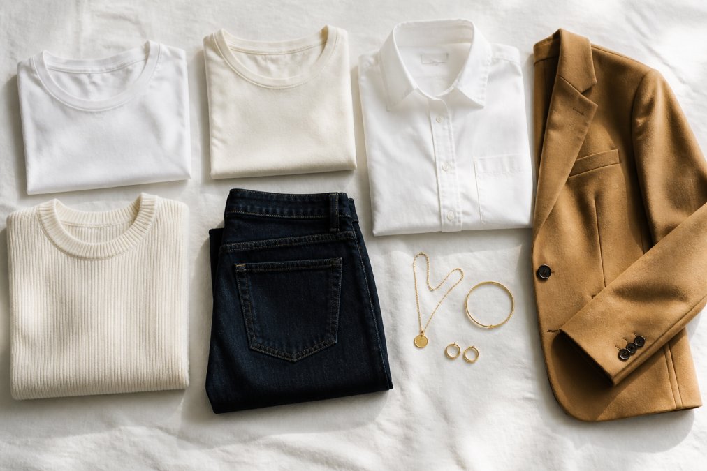Flat-lay arrangement of neutral-colored folded basics including white and cream tees, crisp white button-down shirt, dark indigo jeans, camel blazer, and minimal gold jewelry on a clean white background with soft natural light
