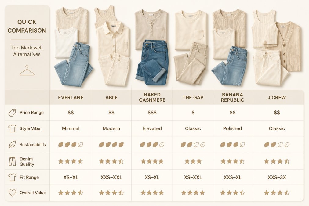 Flat lay arrangement of folded neutral basics and denim pieces in various shades and textures, displayed on a clean white surface showing silhouette variety and fabric quality