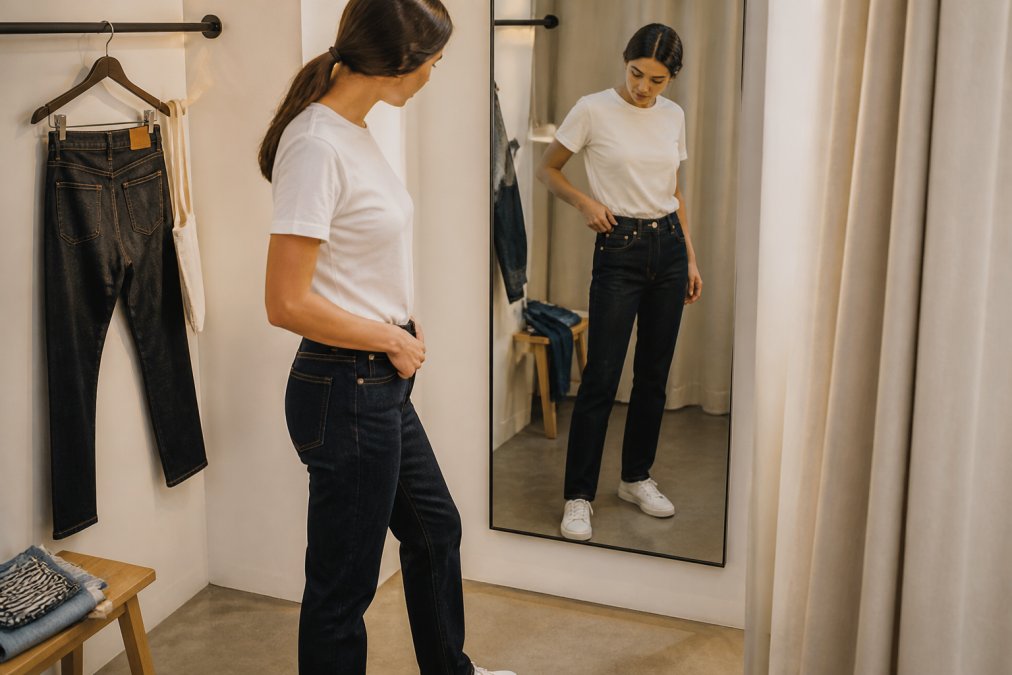 Person in a bright fitting room mirror checking the fit and length of dark jeans while wearing a simple white tee and white sneakers, examining how the denim drapes at the ankle