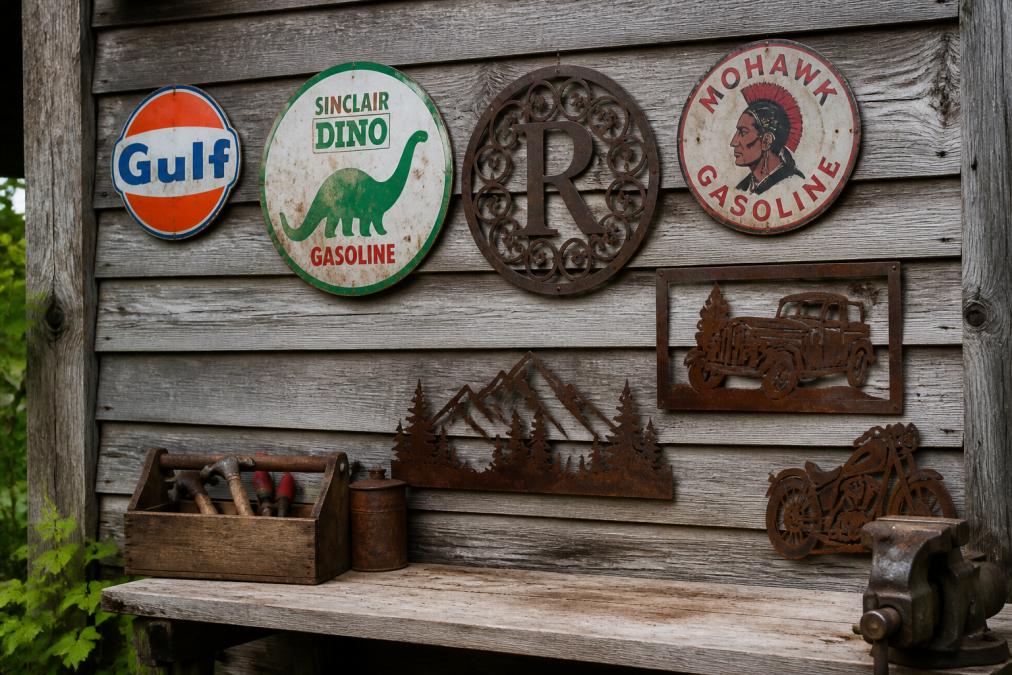 A rustic garage wall displaying vintage metal gas station signs, custom farmhouse monograms, and weathered steel art pieces mounted at various heights, showing real-world outdoor installation with natural weathering patterns