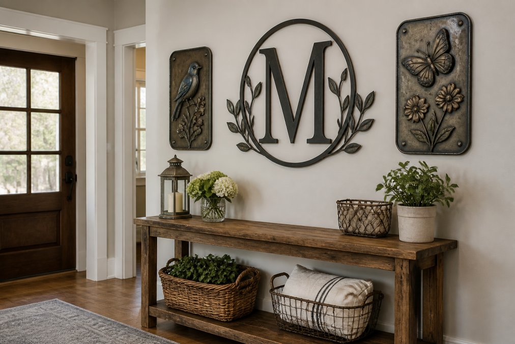 A modern farmhouse entryway with custom metal monogram sign mounted above a wooden console table, flanked by vintage metal wall art pieces, showing how metal decor integrates into a cohesive home style
