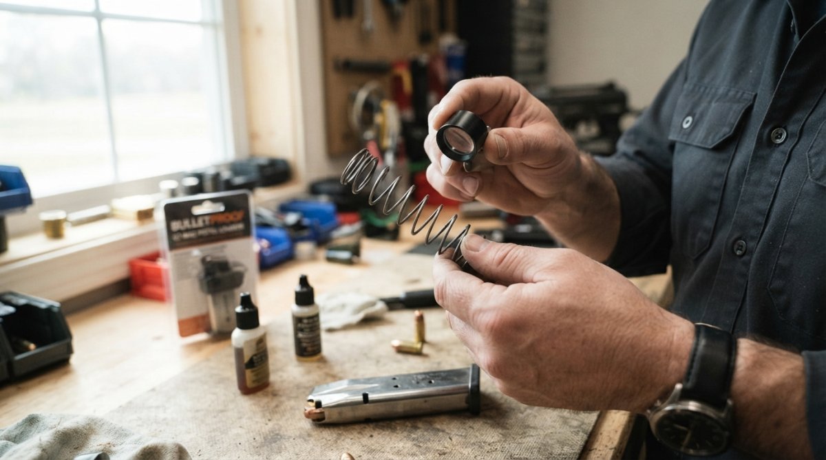 Hands carefully inspecting a magazine spring under bright light, checking for visible wear marks and coil deformation on the spring surface