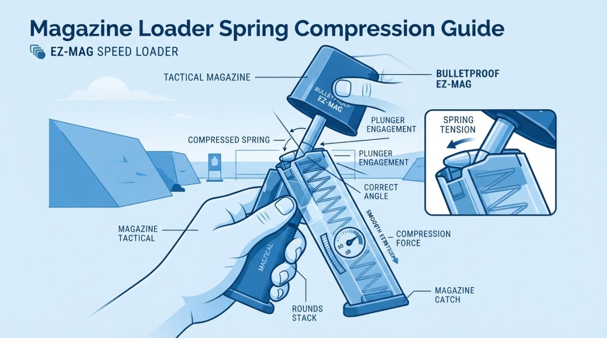 Close-up of hands demonstrating proper magazine loader technique, showing correct angle of round insertion into a compressed spring magazine at an outdoor shooting range