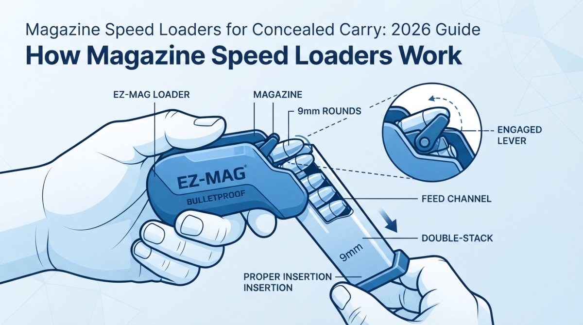 Close-up of hands demonstrating proper magazine insertion into a speed loader with a 9mm double-stack pistol magazine, showing the mechanical lever engaged and rounds positioned in the feed channel