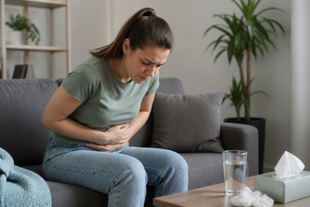 Person mit Bauchschmerzen auf einem Sofa bei Magen-Darm-Lebensmittelvergiftung mit Wasser und Papiertüchern auf dem Tisch.