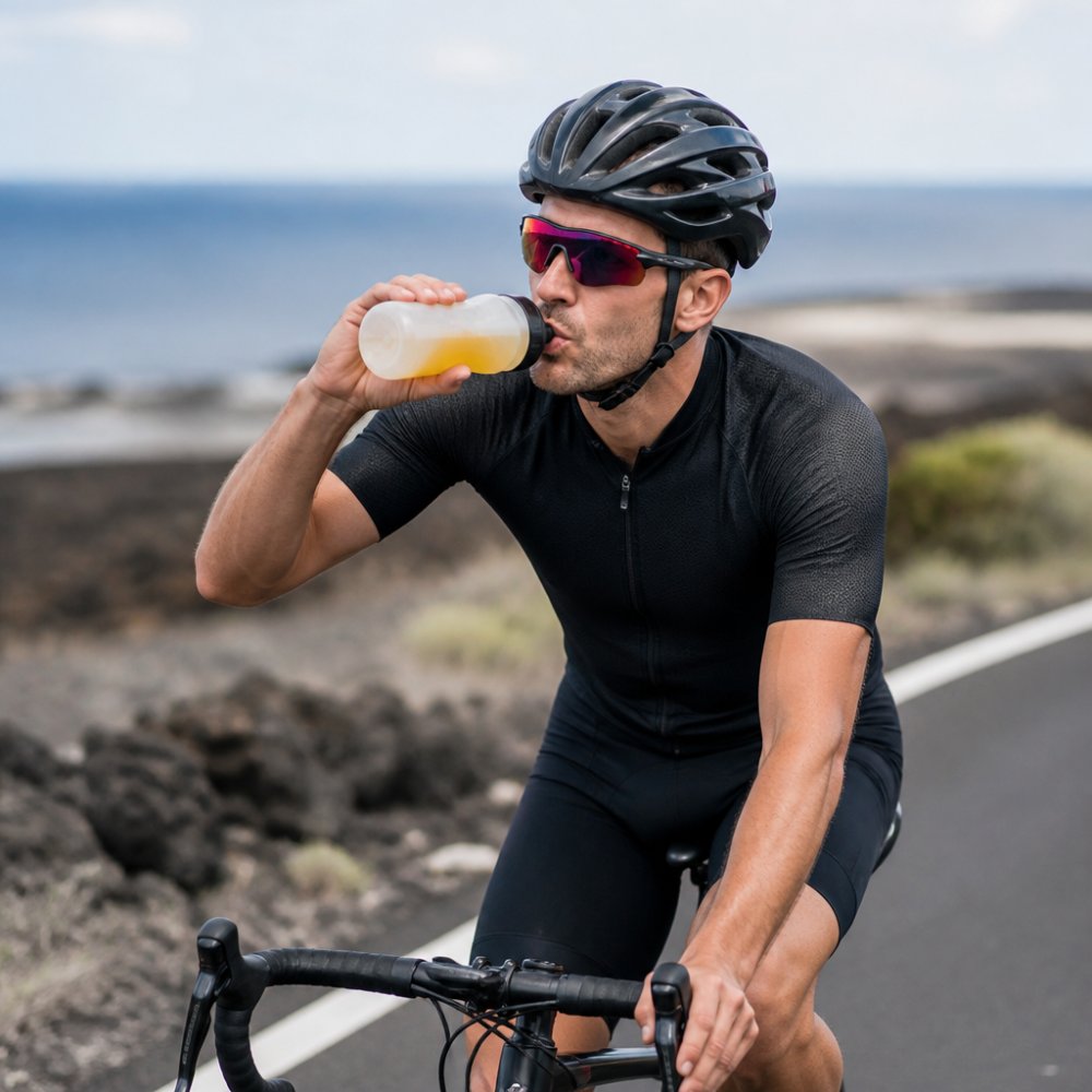 Triathlet während eines Trainings mit Sportgetränk in der Hand, konzentriert auf die Flüssigkeitsaufnahme während der Belastung