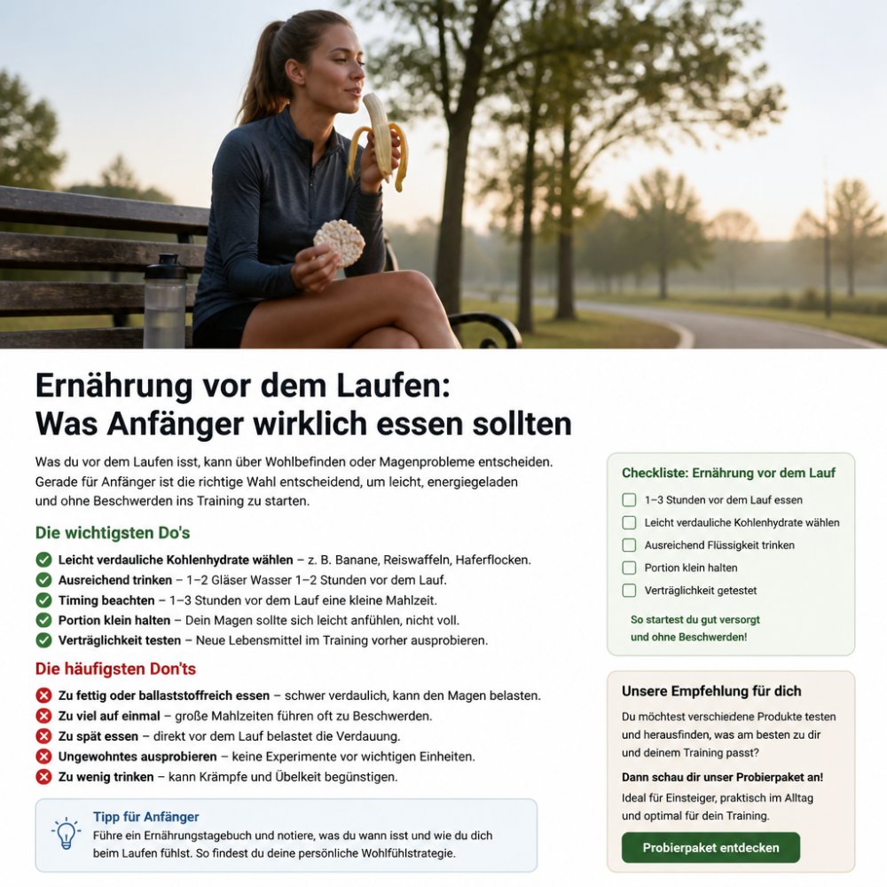 Läuferin isst vor dem Training eine Banane und Reiswaffeln, um Magenprobleme beim Laufen effektiv zu vermeiden.