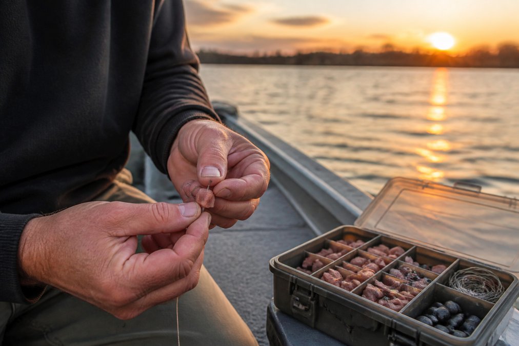 Close-up of an angler's hands threading a pre-cut bait nugget onto a fishing hook beside an open tackle box on a boat deck at dawn