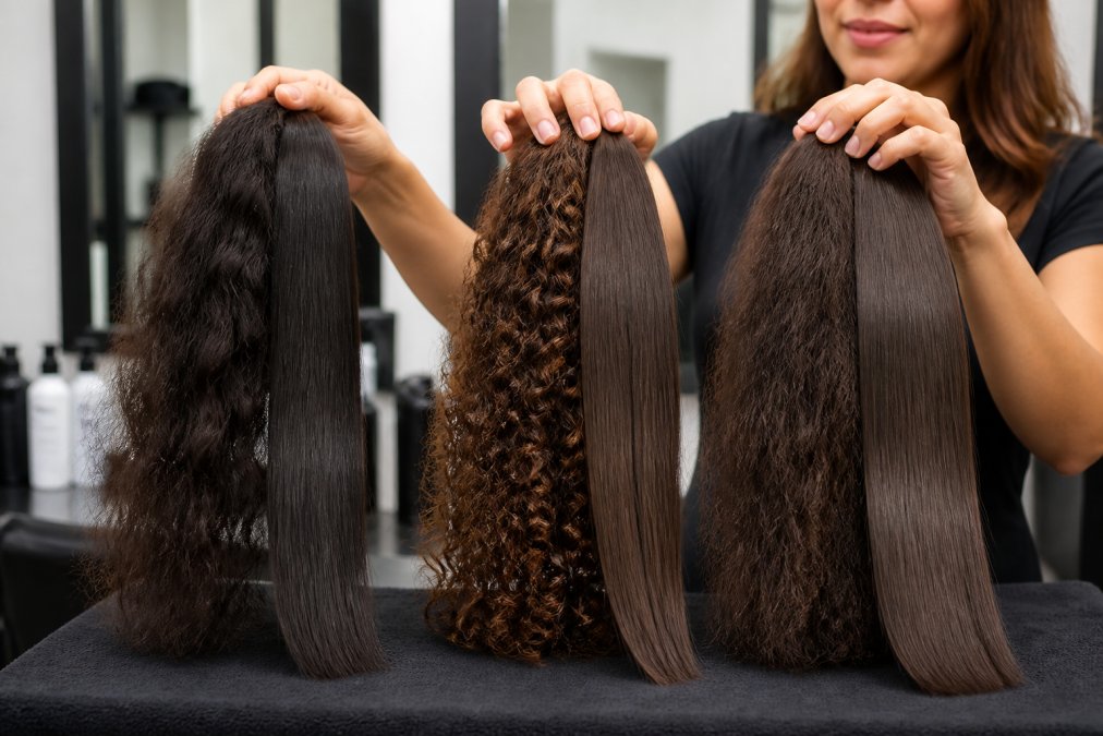 Professional demonstrating hair texture comparison showing fine, curly, and coarse hair samples with smoothing treatment results in natural salon lighting
