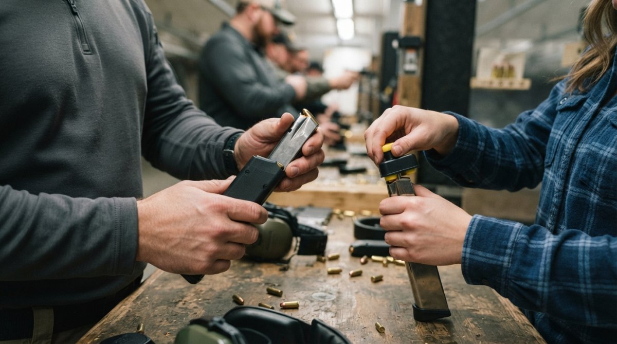 Close-up of hands with various sizes inserting magazines into a speed loader at an indoor range, demonstrating proper grip and positioning with natural overhead lighting