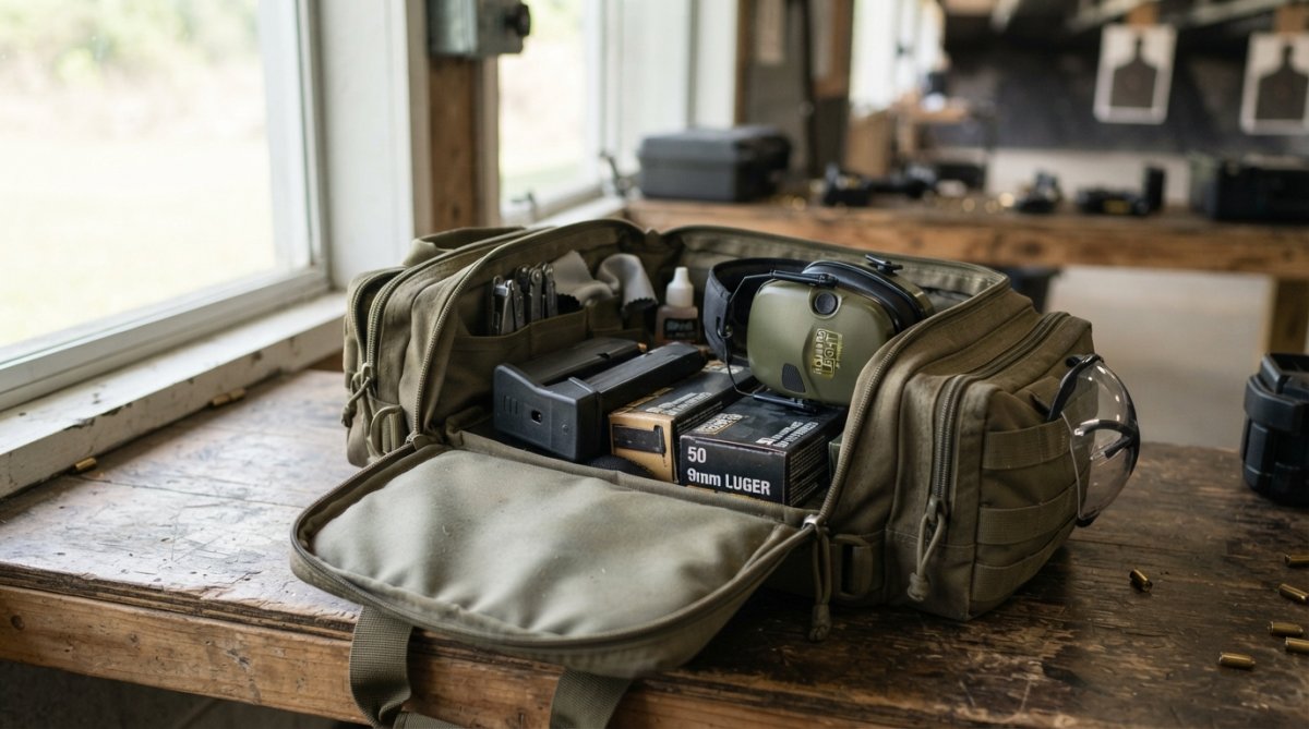 Shooter's range bag open on a wooden table with a compact magazine loader, boxes of ammunition, protective gear, and tactical accessories neatly organized inside, natural window lighting