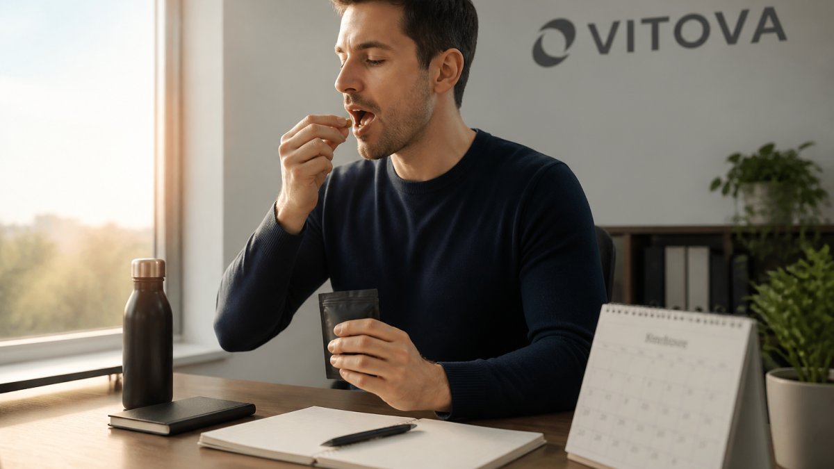 Busy professional taking a supplement gummy at a desk with a water bottle and calendar in natural morning light