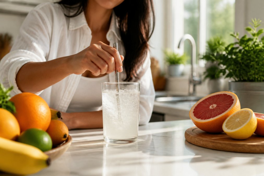 A clear glass of electrolyte drink being stirred on a bright kitchen counter with fresh fruit and a small potted plant nearby, natural morning light
