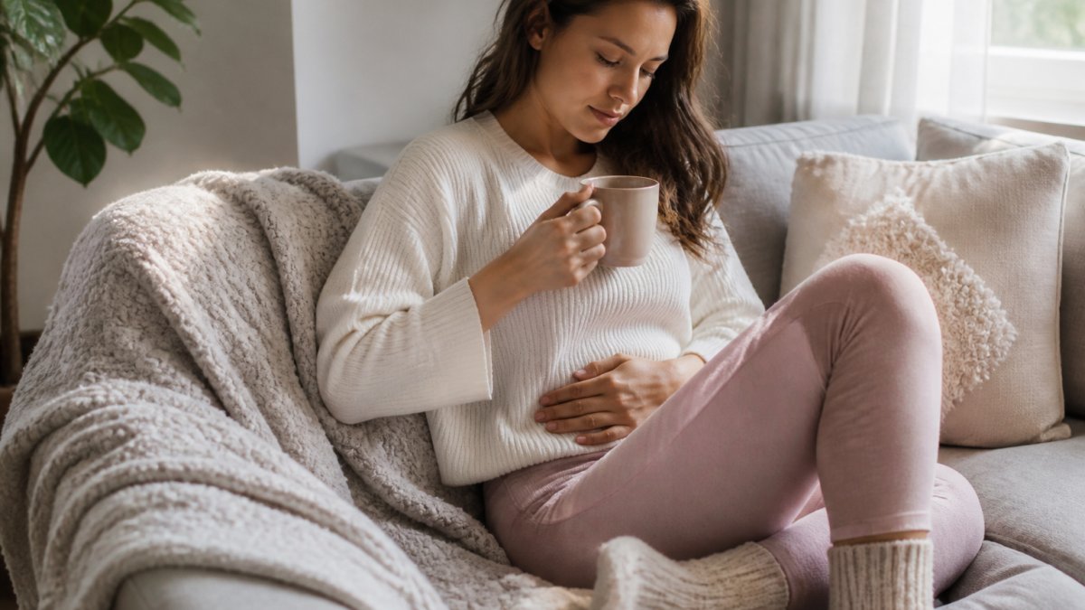 Woman sitting comfortably on a couch with a warm cup of tea, hand on abdomen, soft natural lighting streaming through a window creating a peaceful atmosphere