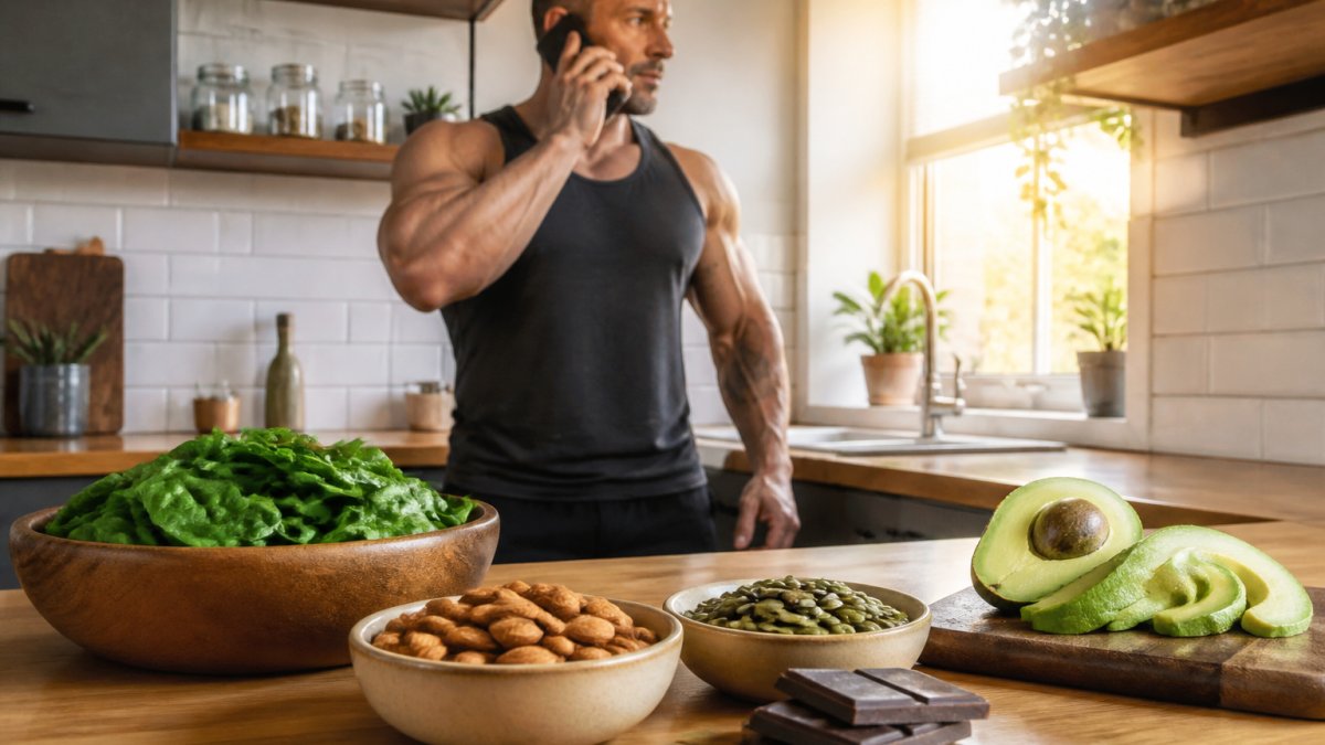 Close-up of magnesium-rich foods arranged on a wooden kitchen counter with natural morning light: fresh spinach, almonds, pumpkin seeds, dark chocolate squares, and sliced avocado