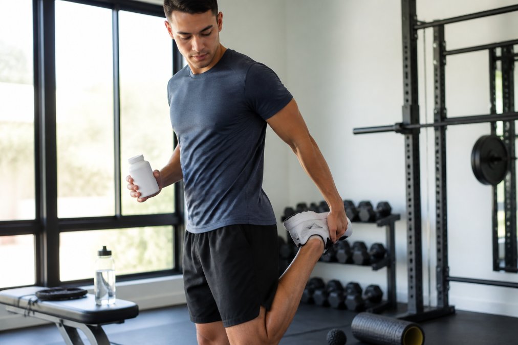 Athlete in bright home gym setting holding a magnesium supplement bottle while stretching quadriceps after a workout, with water bottle and recovery tools visible