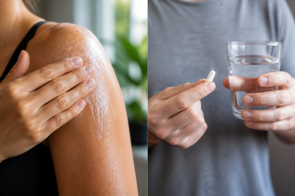 Close-up of hands applying magnesium cream to shoulder muscle with visible cream texture and absorption on skin, in bright natural lighting