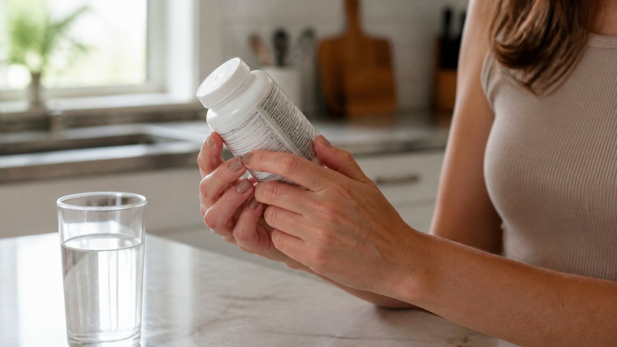 Close-up of hands holding a supplement bottle and reading the ingredient label in a bright kitchen, with a glass of water on the counter