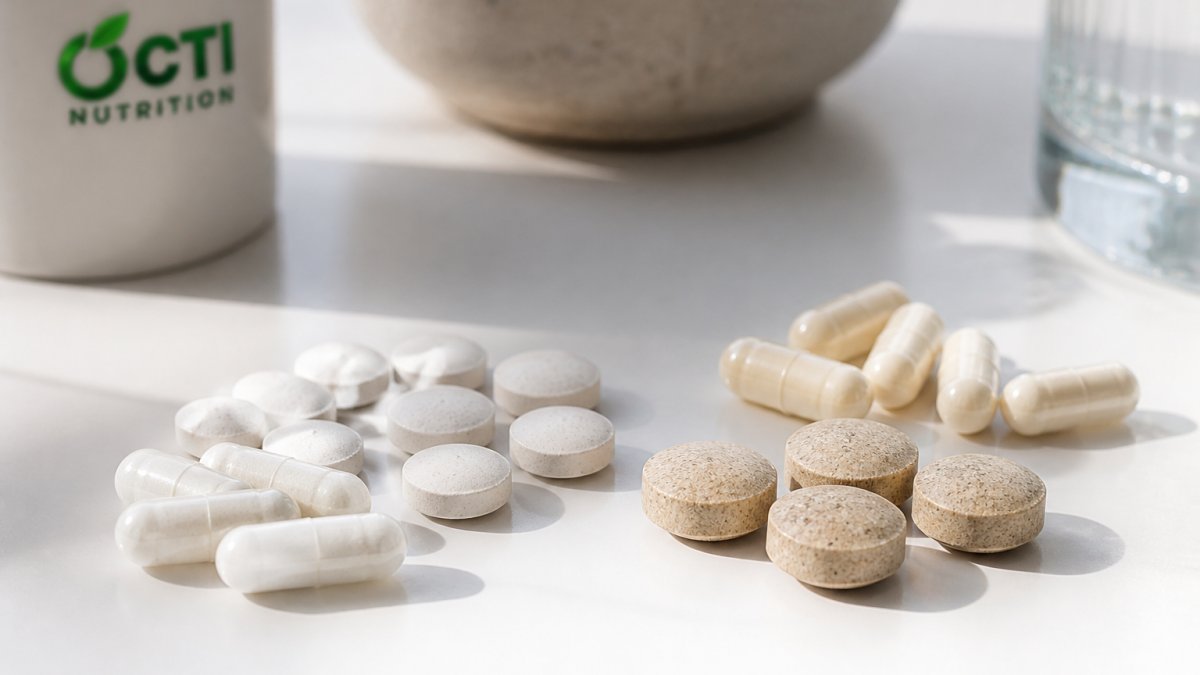 Close-up of magnesium glycinate and citrate supplement tablets and capsules arranged on a clean white surface with soft natural morning light